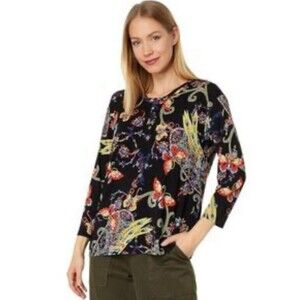 Johnny Was Peacock Butterfly Pottery Henley Tee Black Floral Size S $145